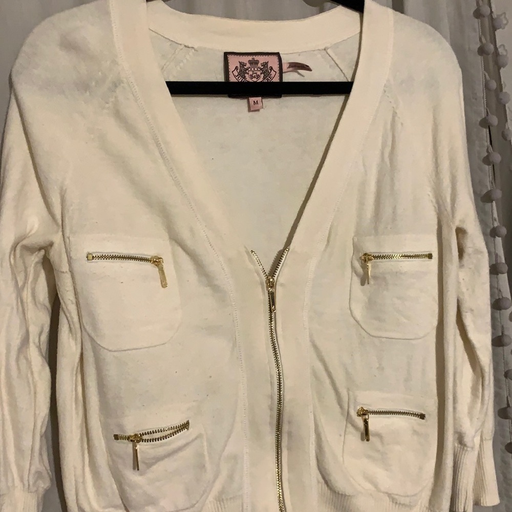 Juicy Couture Off White Half Zip Cardigan gold zippers
